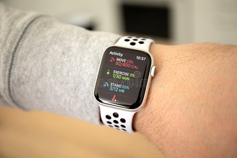 Alushta, Russia - November 6, 2018: Man hand with Apple Watch Series 4 with app Activity on the screen. Apple Watch was created and developed by the Apple inc.