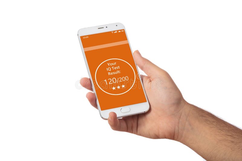 Man hand holding a mobile phone, IQ test result on screen, against white royalty free stock images Man hand holding a mobile phone, IQ test result on screen, against white royalty free stock images