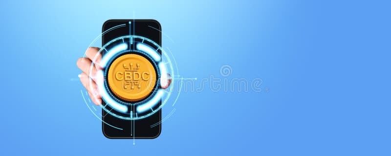 Telefon manual cu monedă CBDC și spațiu de copiere hologramă strălucitor stock illustration