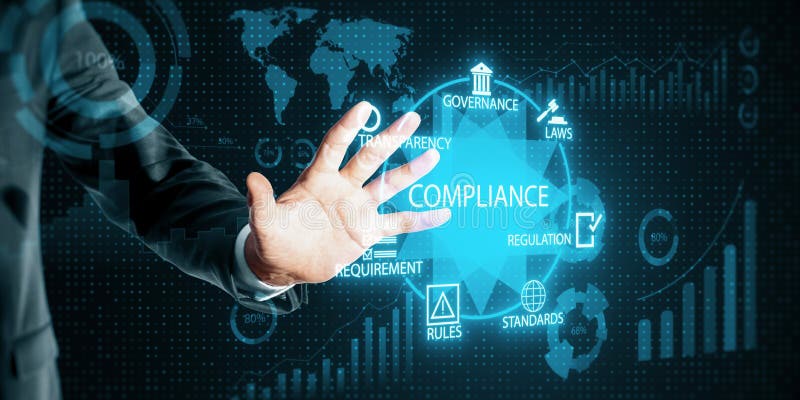 Man hand interacting with a digital compliance interface featuring neon blue data and regulatory icons in a business context royalty free stock images