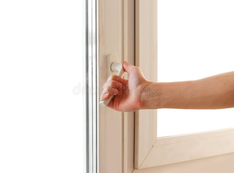 Man hand opens the white plastic the window. Isolated on white background.