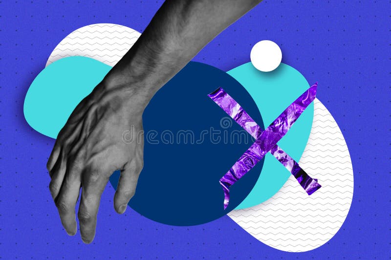 Man hand photo with abstract shapes and stickers fantasy illustration. Magazine collage style banner with space for text. Bold trendy colors. Hands touching stock photography Man hand photo with abstract shapes and stickers fantasy illustration. Magazine collage style banner with space for text. Bold trendy colors. Hands touching stock photography