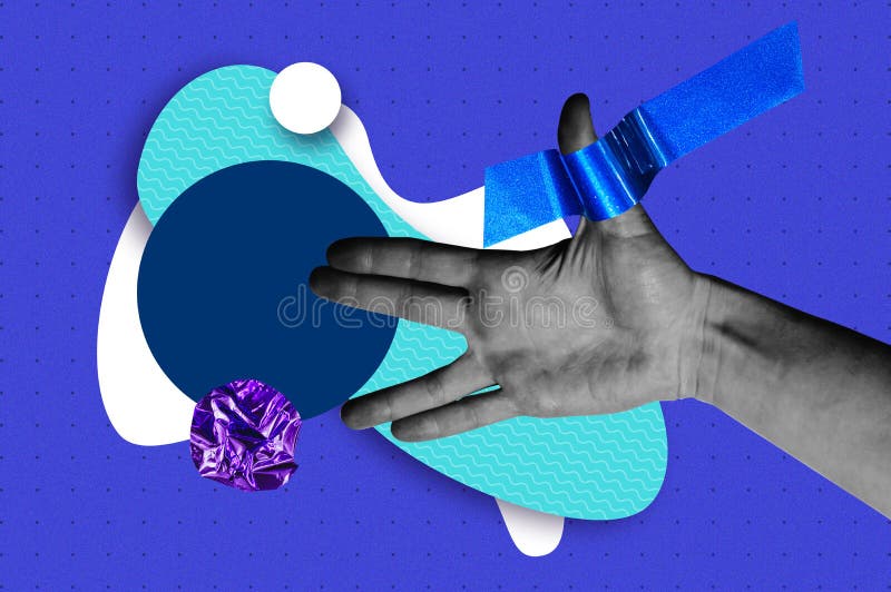 Man hand photo with abstract shapes and stickers fantasy illustration. Magazine collage style banner with space for text. Bold trendy colors. Hands touching stock images Man hand photo with abstract shapes and stickers fantasy illustration. Magazine collage style banner with space for text. Bold trendy colors. Hands touching stock images