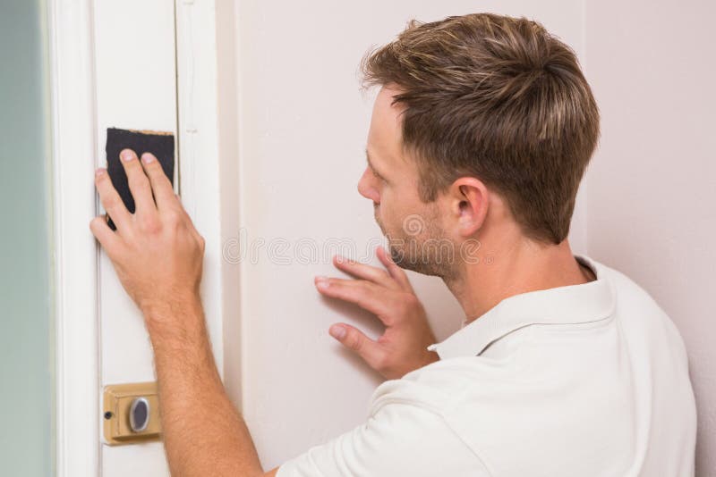Man Hand Sanding the Door before Refinishing Stock Image Image of