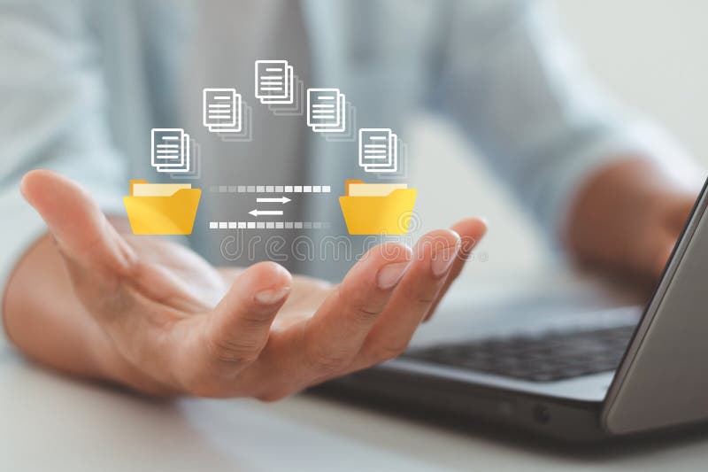Man hand transferring files in virtual screen for Send of document on internet. Data transfer royalty free stock photography