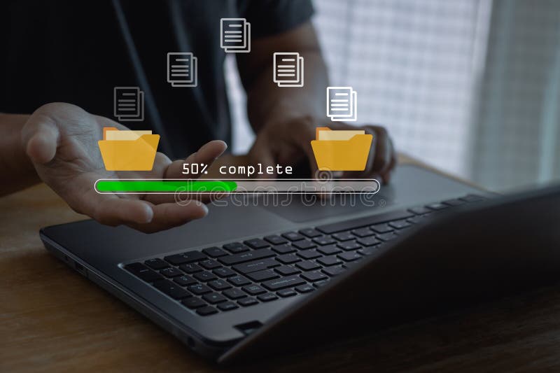 Man hand transferring files in virtual screen for Send of document on internet. royalty free stock photo