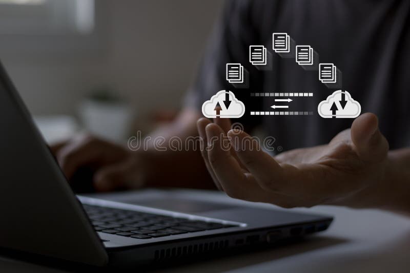 Man hand transferring files in virtual screen for Send of document on internet. Data transfer stock image