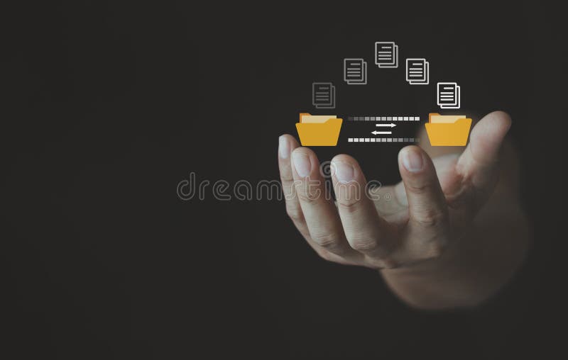 Man hand transferring files in virtual screen for Send of document on internet. Data transfer stock photography