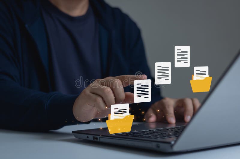 Man hand transferring files in virtual screen for Send of document on internet. Data transfer, Transfer file of data between folder, Backup data, Exchange of file on folder, DMS. Virtual document