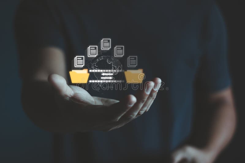 Man hand transferring files in virtual screen for Send of document on internet. Data transfer royalty free illustration