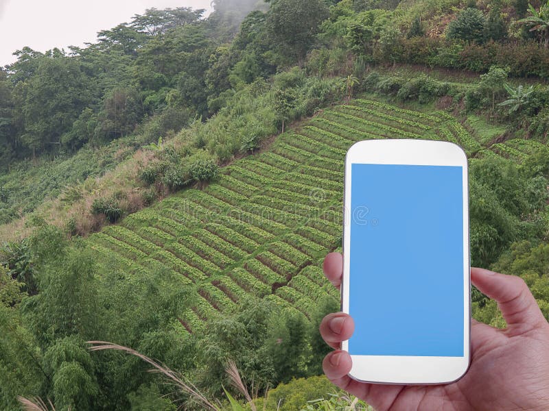 Man hand using smart phone at high mountains background. stock image Man hand using smart phone at high mountains background. stock image