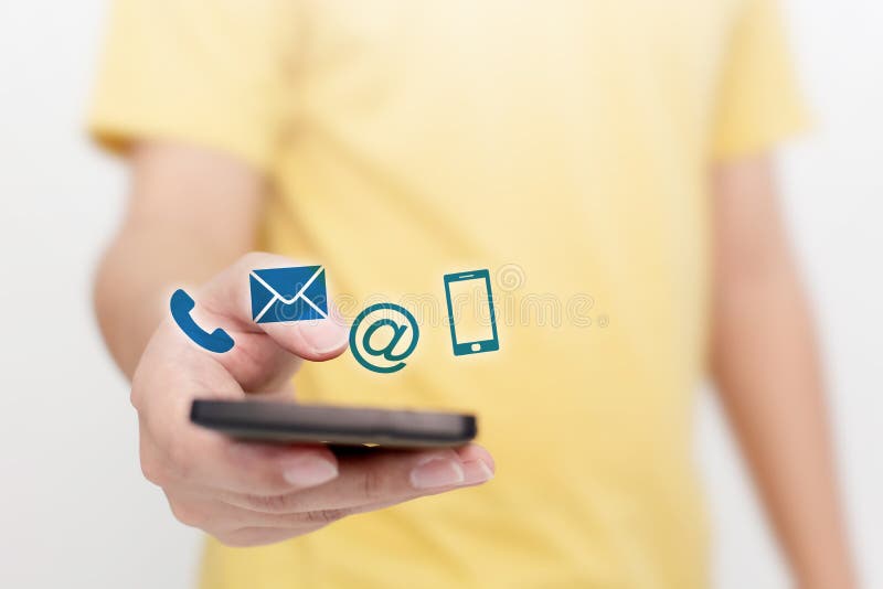Man Hand Using Smartphone With Icon Telephone Email Mobile Phone And Address Stock Image Image Of Marketing Media 204770279