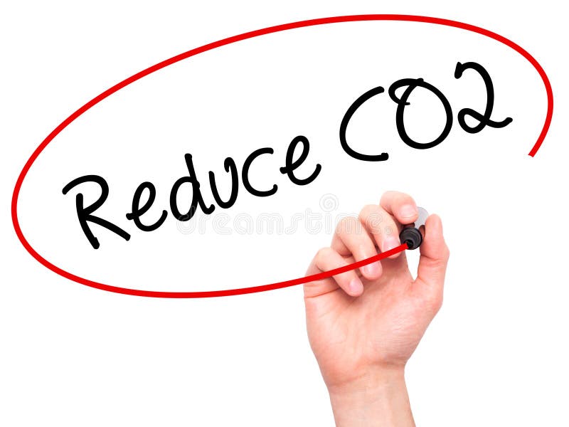 Man Hand writing Reduce CO2 with black marker on visual screen. on background. Business, technology, internet concept. Stock Photo