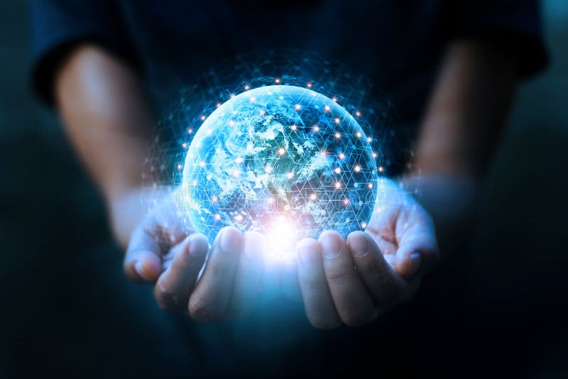 Man hands holding blue earth and global networking connection and data exchanges, global communication network concept, Elements royalty free stock image