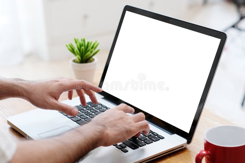 Man hands using laptop computer with blank screen for mock up template background, business technology and lifestyle background stock photos