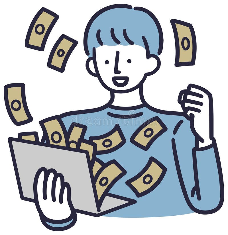 Man happy to make money computer simple illustration royalty free illustration