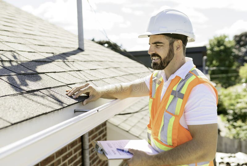 man in a hard hat, holding a clipboard, standing on the steps of an old rundown house.