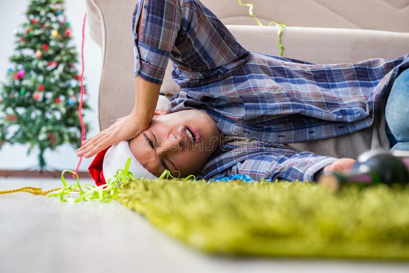 The Man Having Hangover after Christmas Party Stock Image Image of