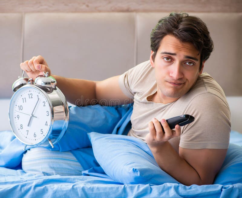 Man Having Trouble With His Sleep Stock Photo Image Of Clock Awake