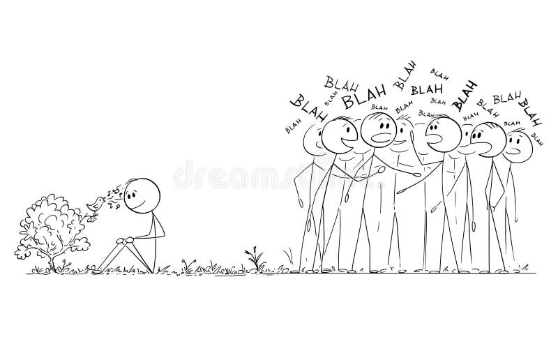 Man Is Hearing Singing Bird While Crowd Is Chattering and Ignoring the Nature, Vector Cartoon Stick Figure Illustration