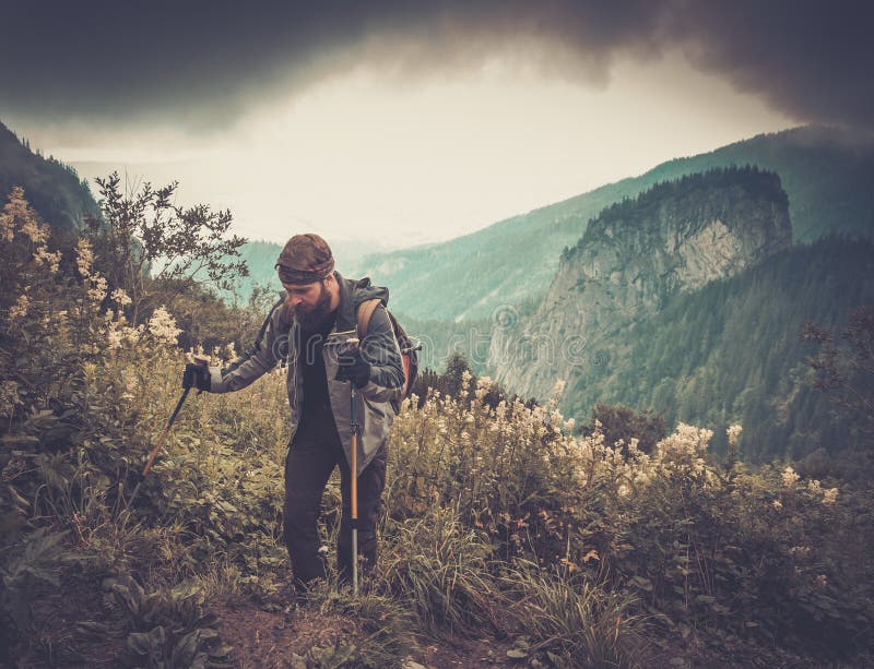 Man hiker in mountain forest