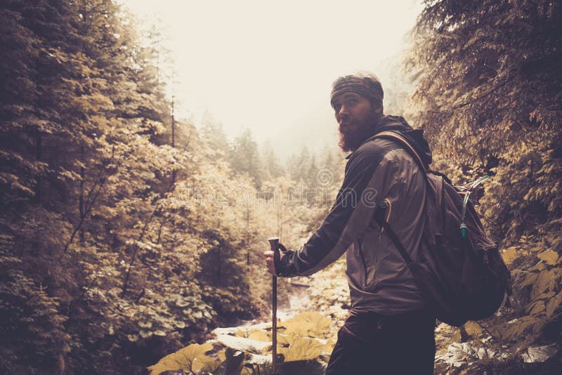 Man hiking in mountain forest