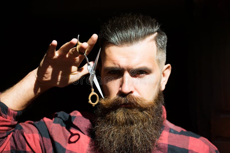 Man Hipster With Scissors Barber Scissors And Straight Razor Barber