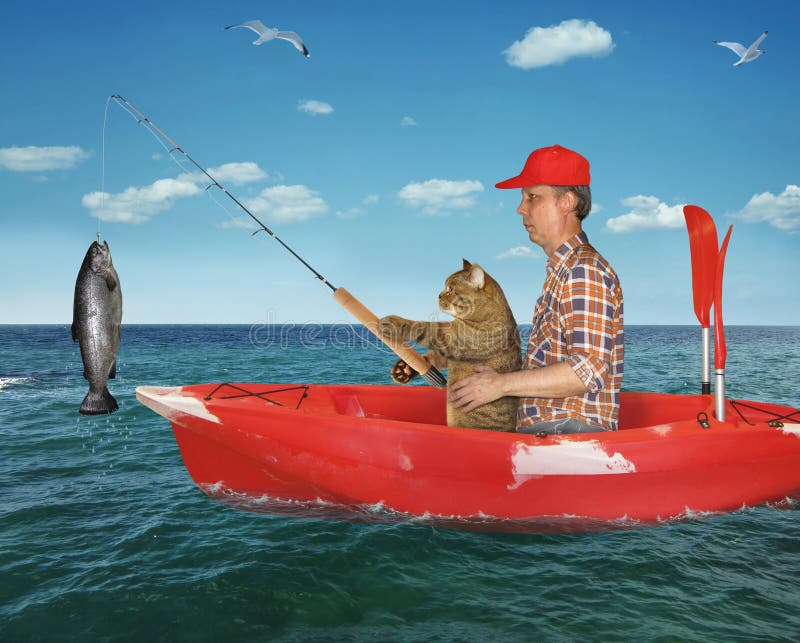 Man with His Cat Caught a Fish Stock Photo - Image of skyline, paddle ...