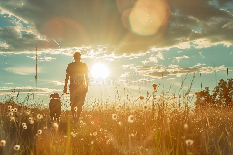 A Man and His Dog Walking in the Countryside during Heatwave AI Generated Stock Illustration