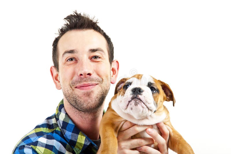 Man with his dog on white background