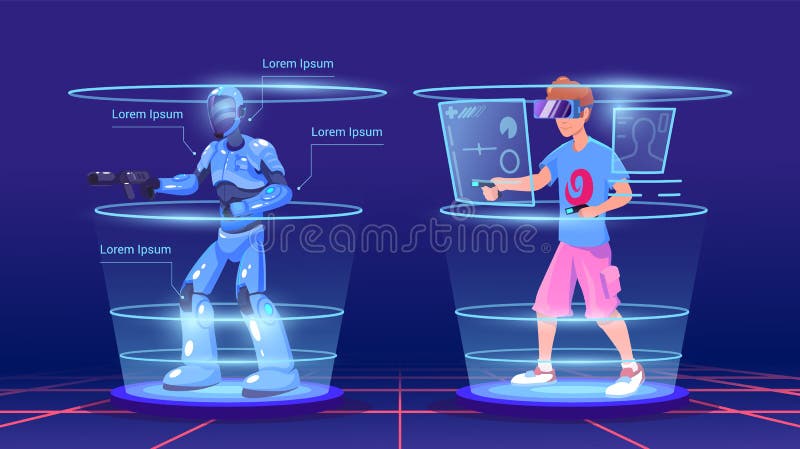 The man and his virtual character in the game in the armor. Virtual Reality Technology Smart Gaming. Virtual reality headset. royalty free illustration The man and his virtual character in the game in the armor. Virtual Reality Technology Smart Gaming. Virtual reality headset. royalty free illustration