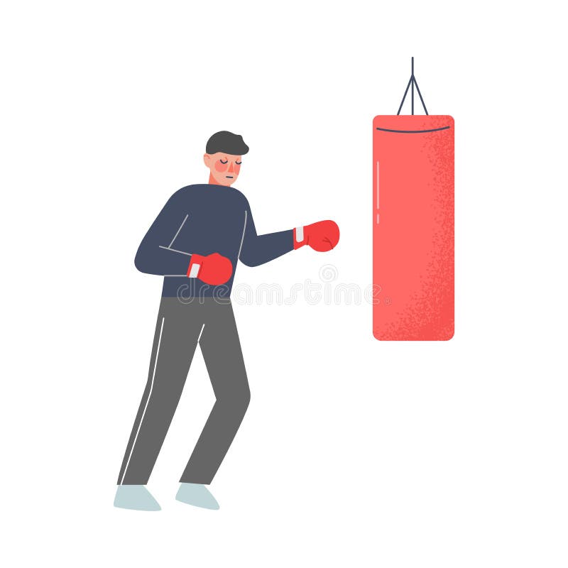 Man Hitting Punching Bag with Boxing Gloves to Calm Down Stressful Emotion, Person Relaxing, Reducing and Managing Stress Cartoon Style Vector Illustration Isolated on White Background.