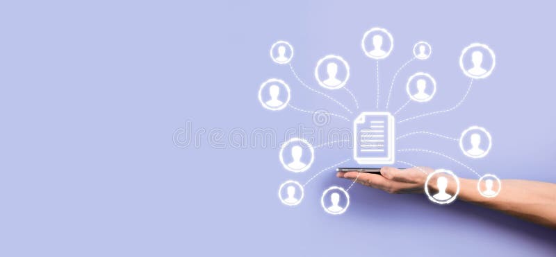 Man hold document e user iconcorporate data management system dms e conceito de sistema de gerenciamento de documentos. clique do ilustração do vetor