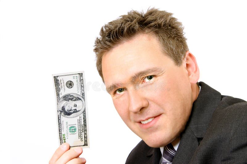 A man holding one hundred dollars banknote and smiling. Male hand holding businessman stock images, royalty-free photos and pictures