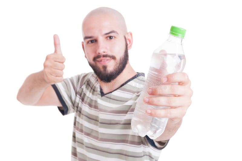 Man Holding Bottle of Cold Water and Showing Like Gesture Stock Image