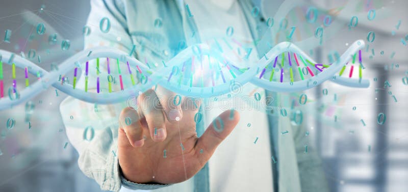 View of a Man holding a 3d rendering data coded Dna with binary file around