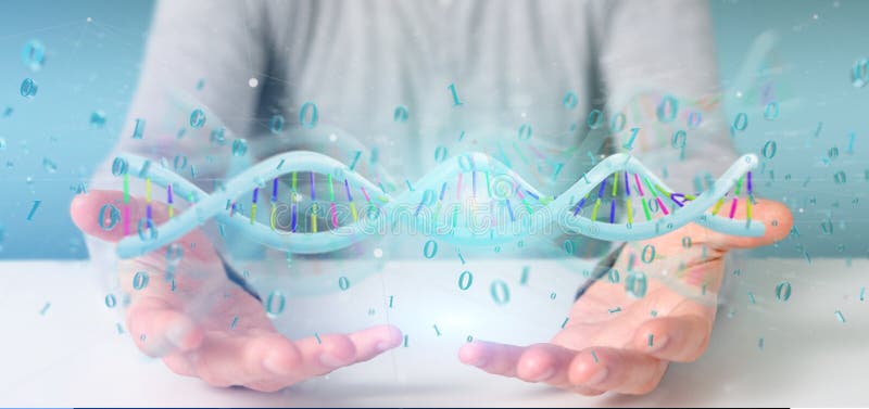 Man holding a 3d rendering data coded Dna with binary file around stock illustration Man holding a 3d rendering data coded Dna with binary file around stock illustration