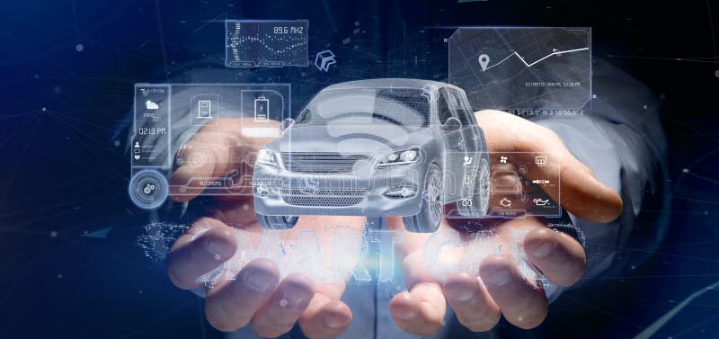 Man holding a Dashboard smartcar interface dashboard 3d rendering stock illustration