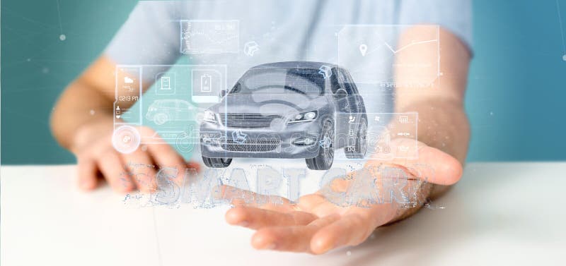 Man holding a Dashboard smartcar interface dashboard 3d rendering stock illustration