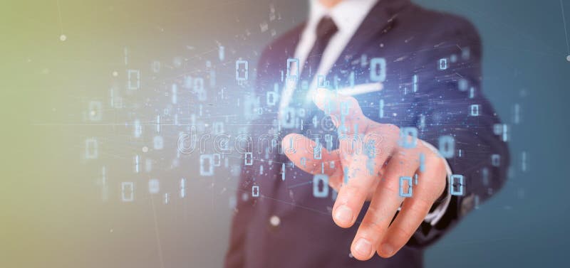 Man holding Data binary cloud 3d rendering stock image