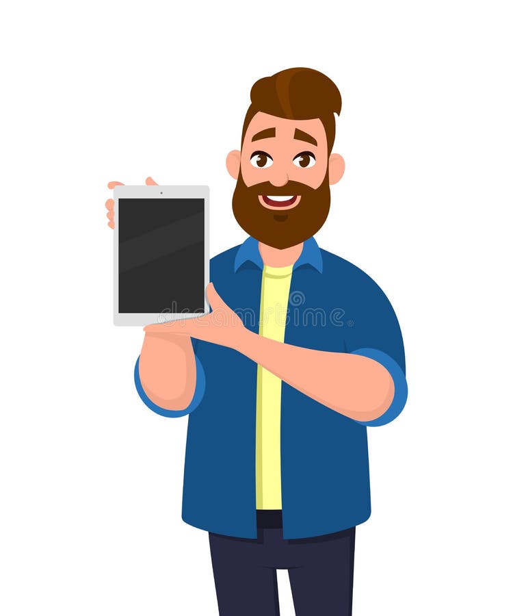 Man Holding Digital Tablet Computer. Tablet Computer Concept. Stock Vector  - Illustration of blank, cartoon: 124605647