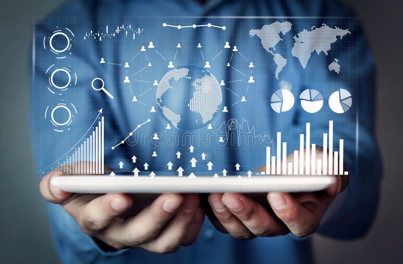 Man holding digital tablet. Financial statistics, business graphs, social network and connection. Future and finance concept