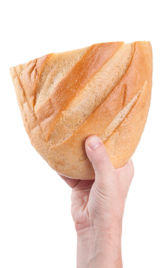 Man Holding Fresh Bread in the Hands, Isolated on White Background