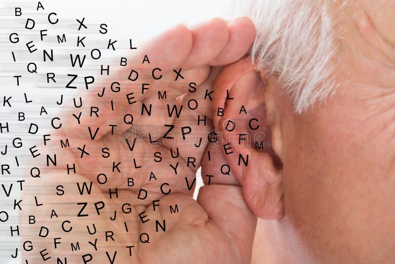 Mature Man Holding Hand Near Ear And Listening Carefully Alphabet Letters Fly. Problem wrinkle stock images, royalty-free photos and pictures
