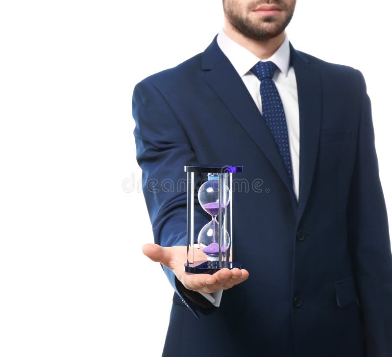 Man holding hourglass on white background. Time management concept royalty free stock photos Man holding hourglass on white background. Time management concept royalty free stock photos