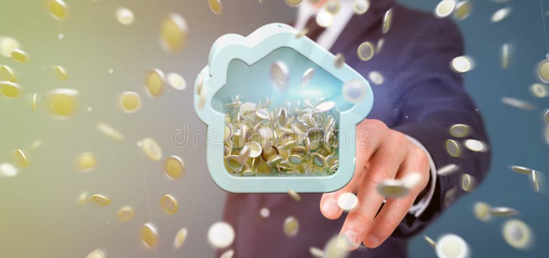 Man holding a House moneybox with coin surrounding all over 3d rendering royalty free illustration