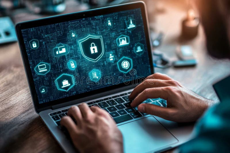 Man holding laptop displaying security icons over digital graphs in a business environment. Generative AI.