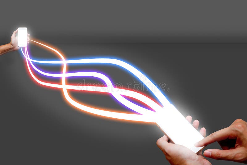 Man holding mobile phone and fiber optical light network. royalty free stock photography