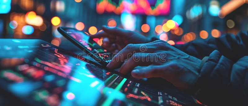A man holding a mobile phone in his hands, close up image of a person using fintech software on his smart phone. royalty free stock photos