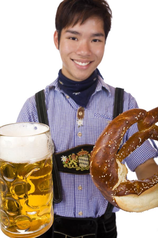 Man Holding Oktoberfest Beer Stein and Pretzel Stock Photo Image of